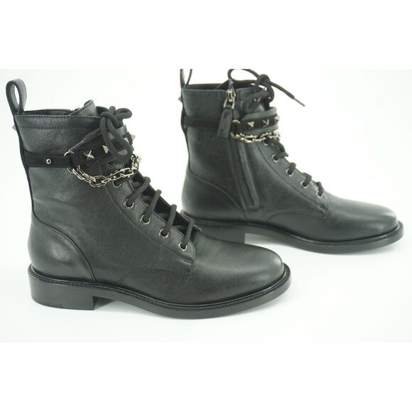 Valentino Rockstud Chain Combat Ankle Boots Size 37 black Leather $1290 - Picture 9 of 12